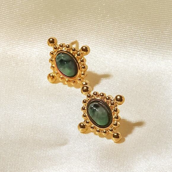 Vintage Greenish Natural Stone Stud Earrings 18K Gold Plated Stainless‎ Steel - Picture 3 of 7